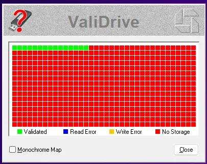Capture d'écran d'un logiciel affichant une carte de validation de disque avec une majorité de blocs rouges indiquant 'No Storage'.