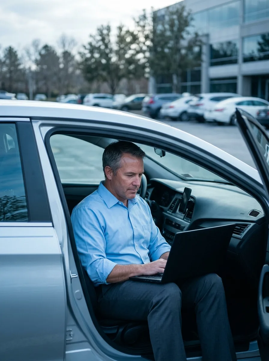Jean-Luc, quadragénaire au phénotype européen, assis dans sa voiture de fonction garée, ordinateur portable sur les genoux.