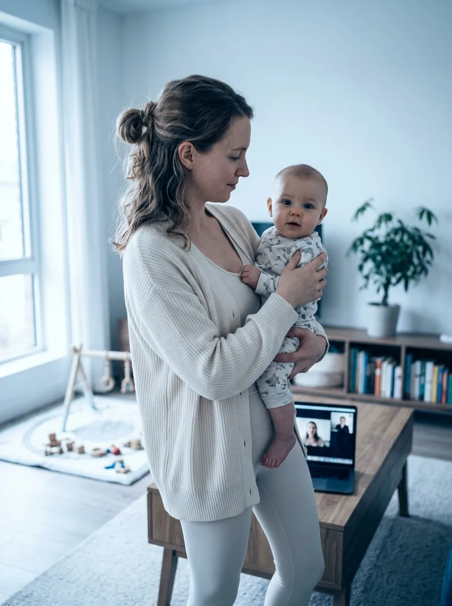 Sofia, jeune mère au phénotype européen, debout dans son salon avec son bébé sur la hanche, ordinateur portable derrière sur la table.
