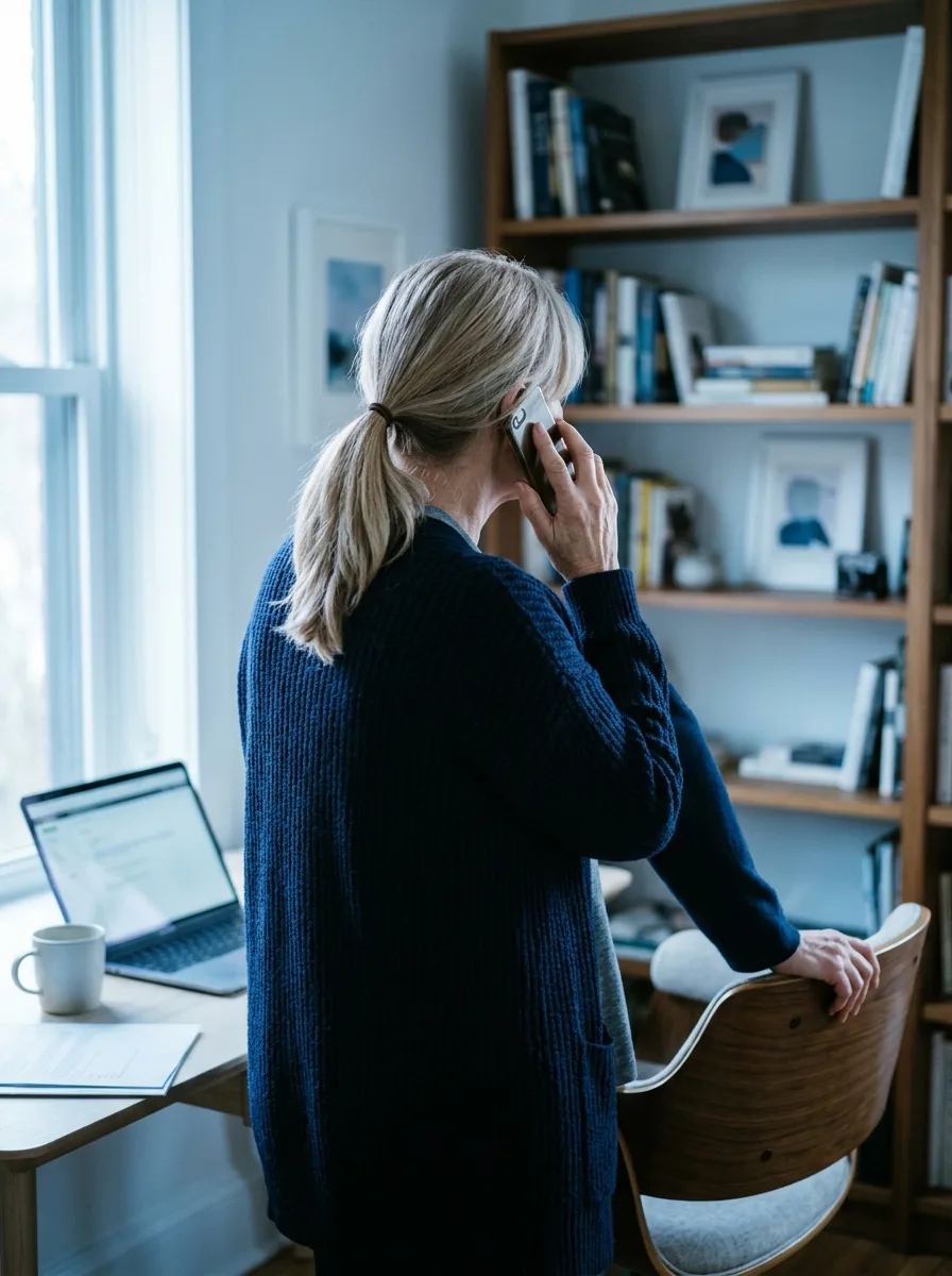 Claire, cinquantenaire au phénotype européen, debout au téléphone près de son bureau home-office bleuté.