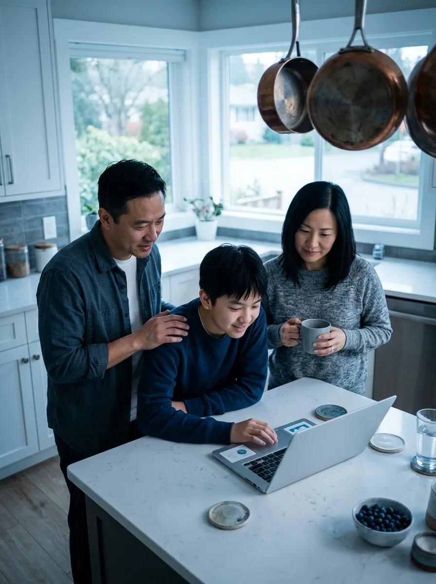 Famille Tan, phénotype asiatique de l'Est, regroupée autour de l'îlot de cuisine devant un ordinateur portable.
