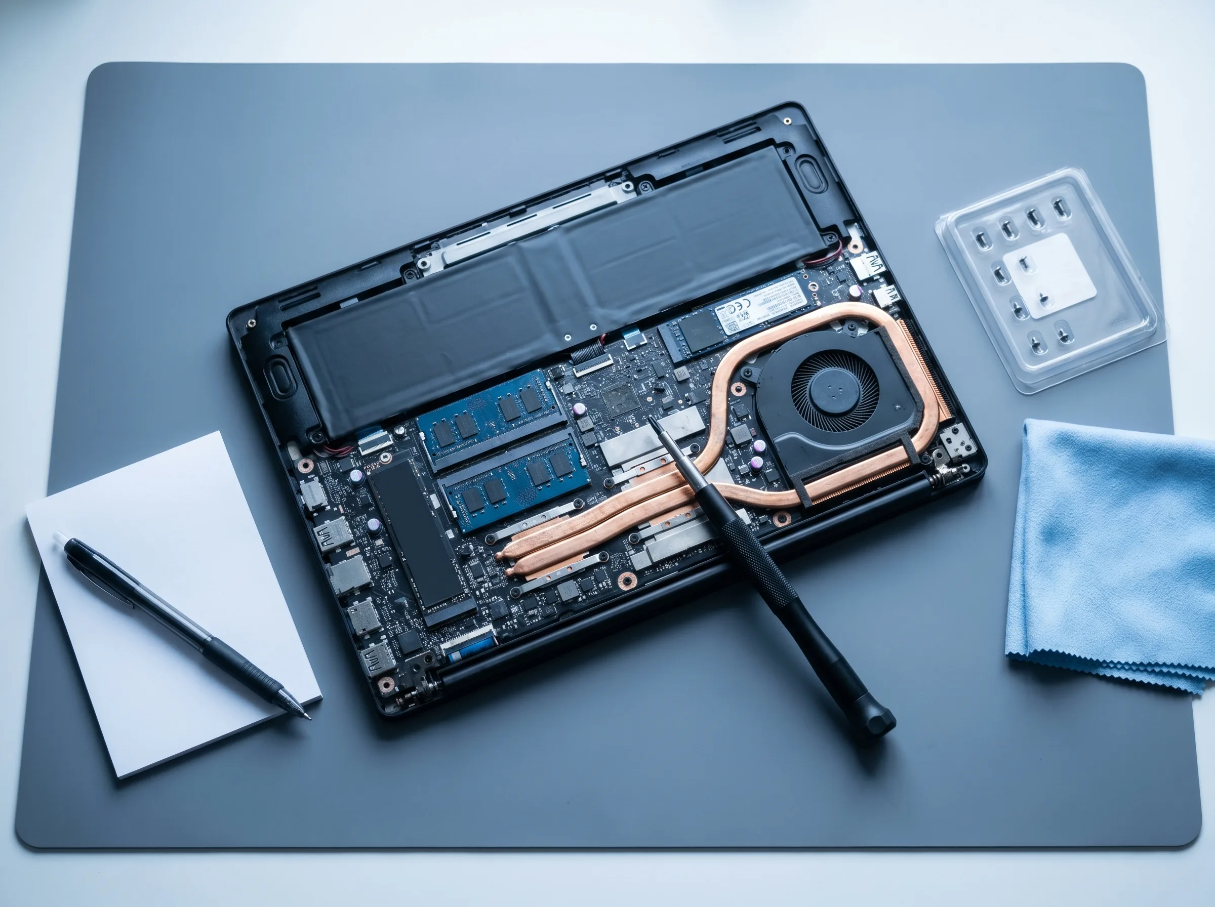 Tournevis Torx noir posé à plat sur une carte mère ouverte d'ordinateur portable démonté, avec mémoire RAM et SSD visibles, ambiance bleutée laboratoire
