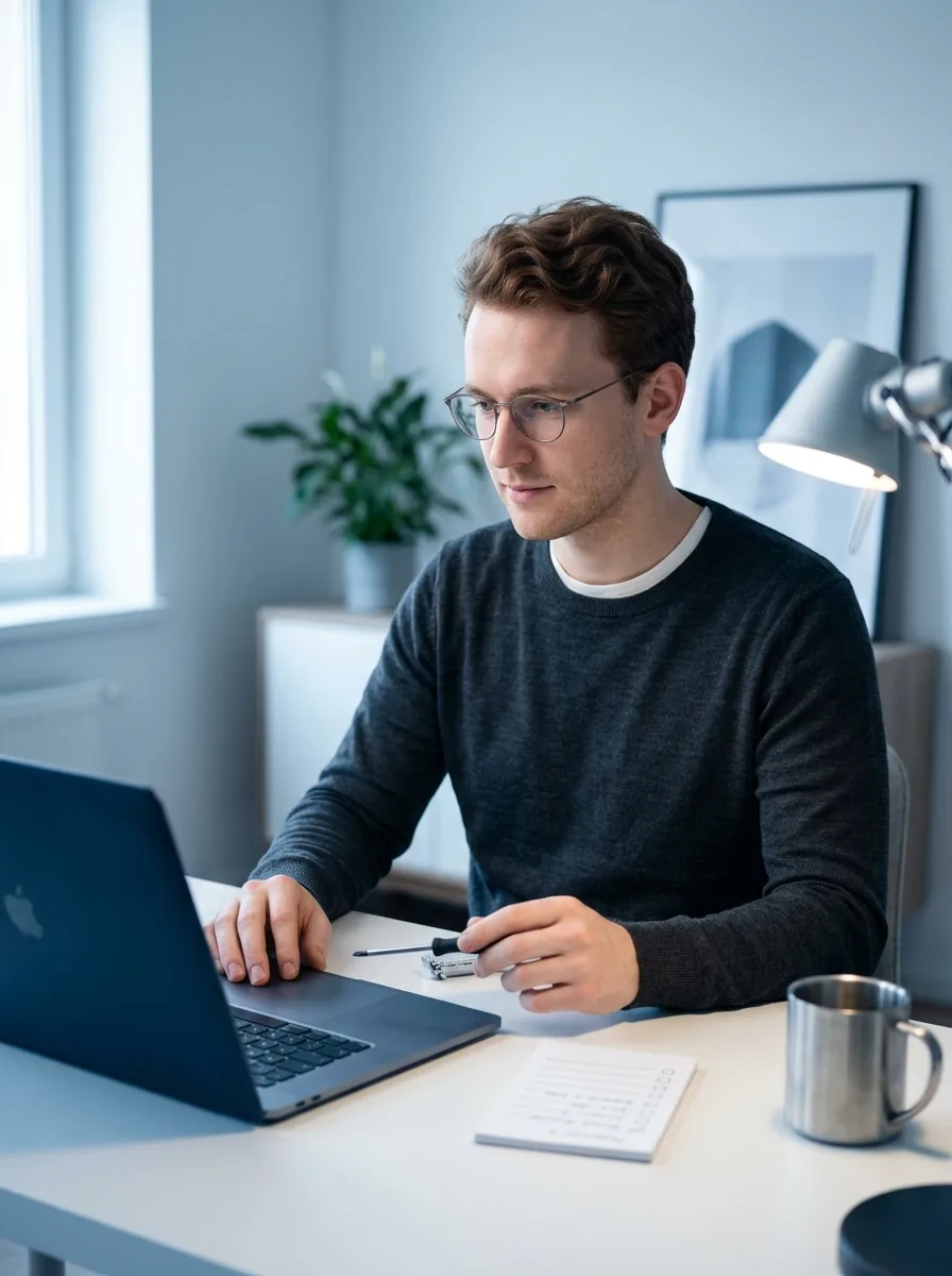 Mathieu, jeune comptable au phénotype européen, assis à son bureau home-office face à son ordinateur portable.