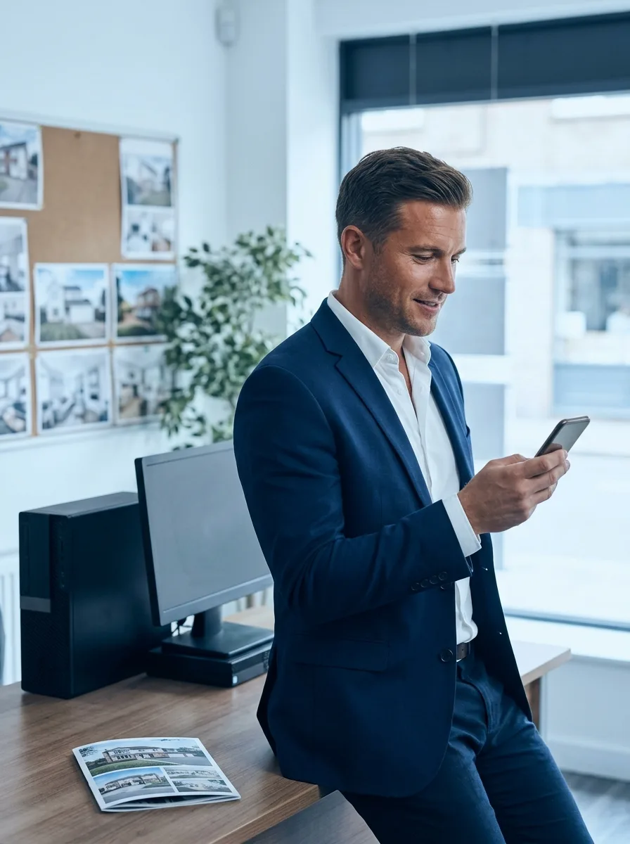 Yannick, trentenaire au phénotype européen, debout dans son agence immobilière devant son bureau.