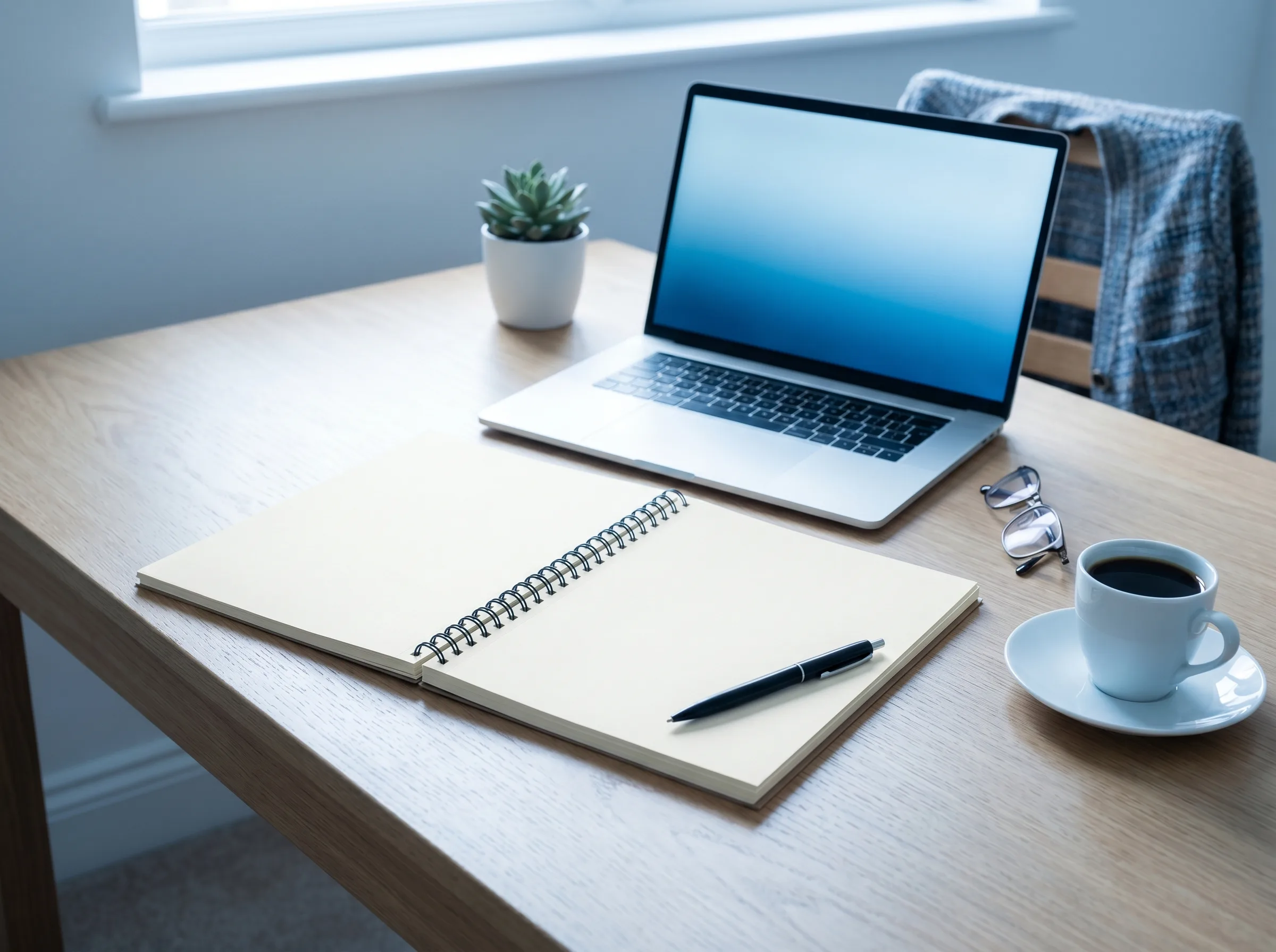 Cahier ouvert avec stylo posé à côté d'un laptop allumé sur une table familiale, à côté d'une tasse de café, ambiance bleutée chaleureuse pédagogique