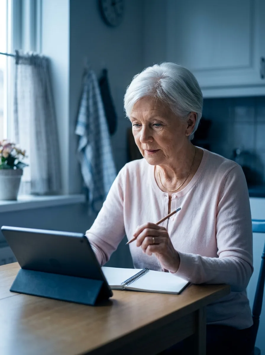 Ginette, septuagénaire au phénotype européen, assise à sa table de cuisine avec sa tablette et un carnet de notes.