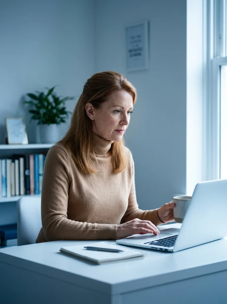 Brigitte, quinquagénaire au phénotype européen, assise à un bureau d'apprentissage avec son MacBook ouvert.