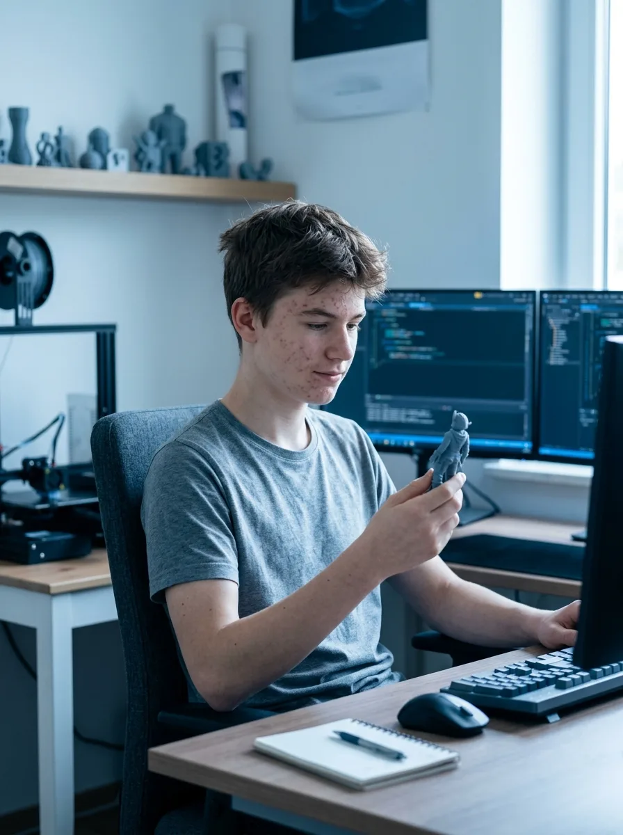 Adrien, lycéen au phénotype européen, assis à son bureau d'ado devant deux écrans avec son imprimante 3D au fond.