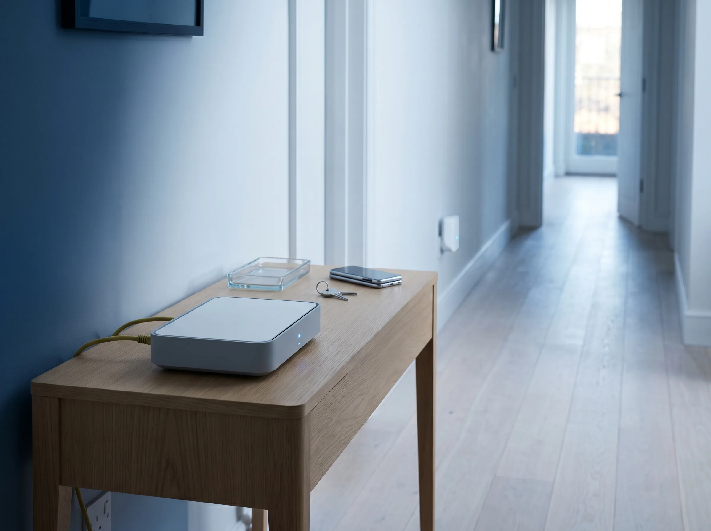 Box internet posée sur une console d'entrée moderne avec câble ethernet jaune branché, et répéteur Wi-Fi mesh visible dans le couloir au fond, ambiance bleutée maison contemporaine