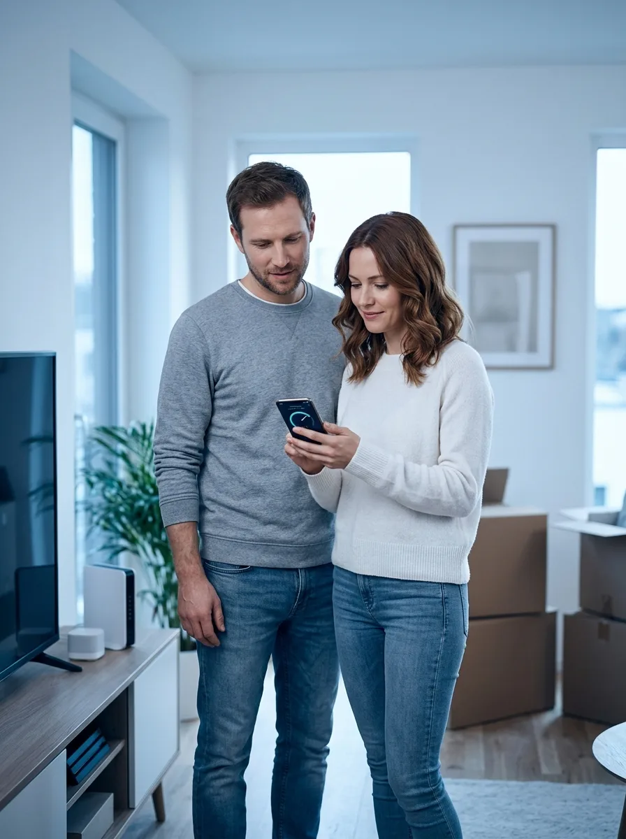 Bertrand et Camille, jeune couple au phénotype européen, debout dans leur salon neuf à côté de leur box fibre.