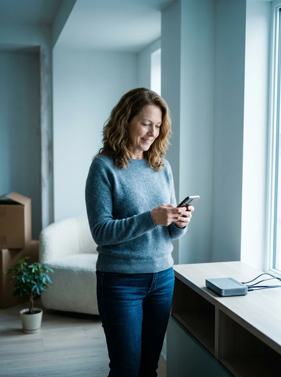 Géraldine, quinquagénaire au phénotype européen, debout dans son nouvel appartement à côté de sa box internet.