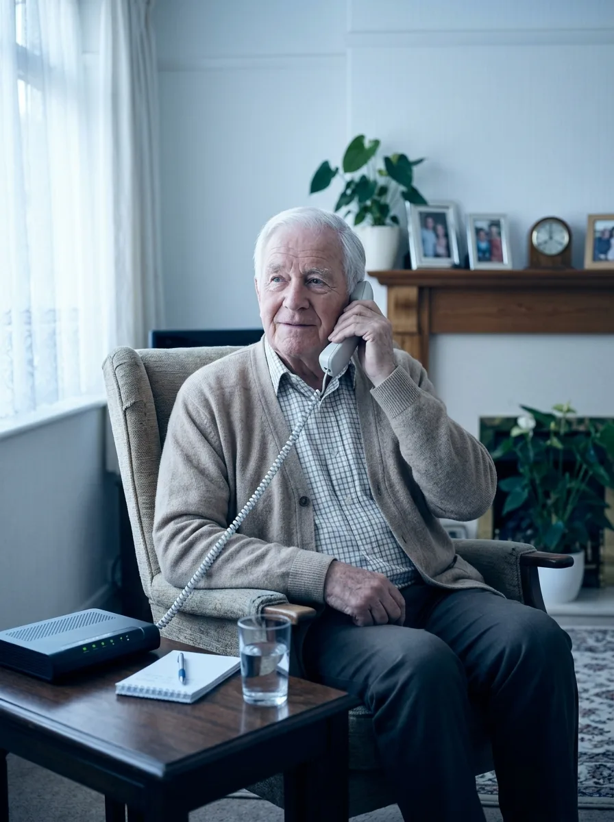 M. Albert, octogénaire au phénotype européen, assis dans son fauteuil de salon, le combiné téléphonique à l'oreille.