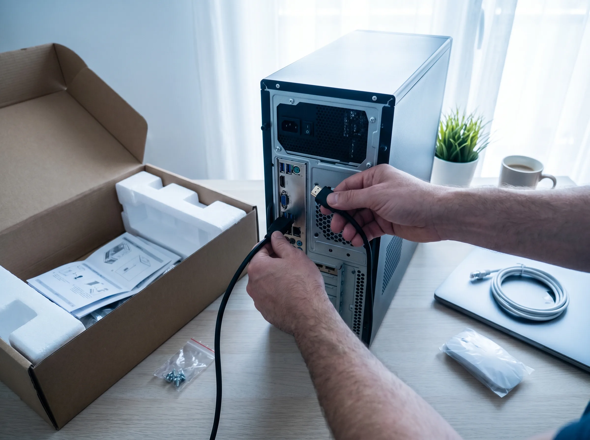 Mains qui branchent un câble HDMI sur un PC tour neuf, avec carton d'emballage ouvert et notice papier visibles, ambiance bureau bleutée