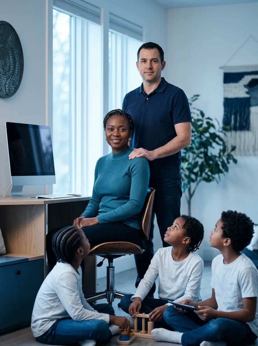 Foyer Diallo, famille au phénotype ouest-africain, regroupée dans le salon autour d'un nouveau PC familial.