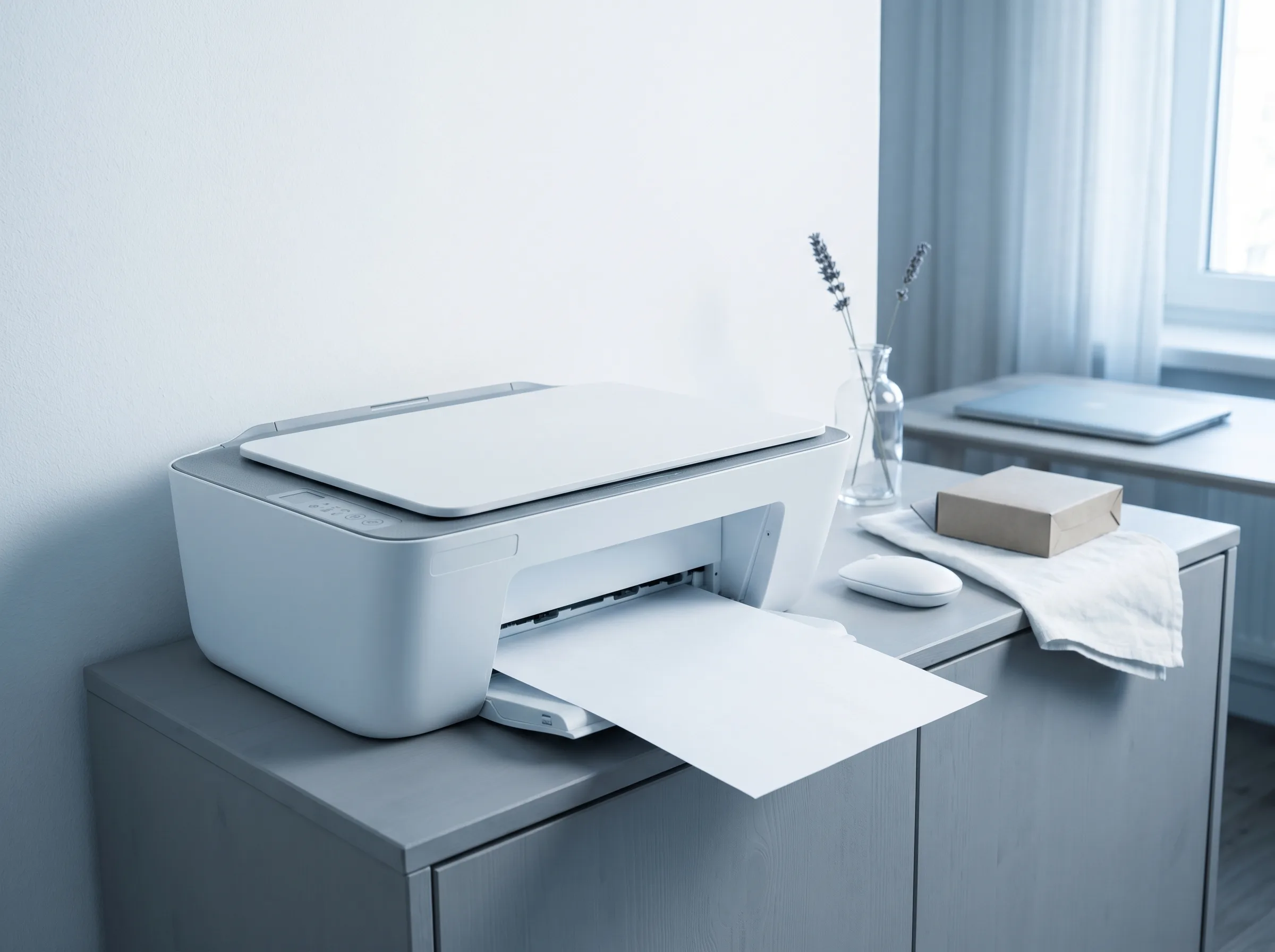 Imprimante multifonction blanche posée sur un meuble bas avec une feuille de papier blanche A4 sortant du bac de sortie, ambiance bureau bleuté minimaliste
