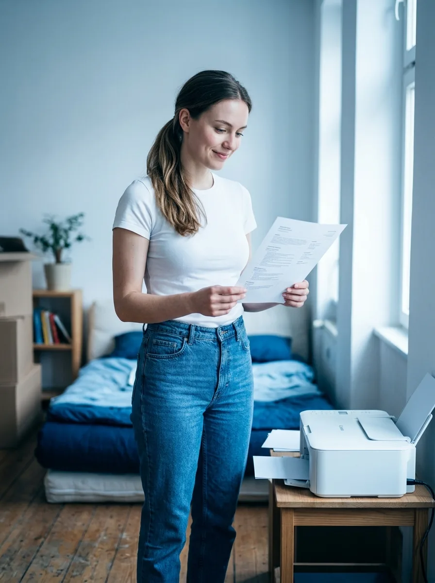 Léna, jeune diplômée au phénotype européen, debout dans son petit appartement étudiant à côté de son imprimante neuve.