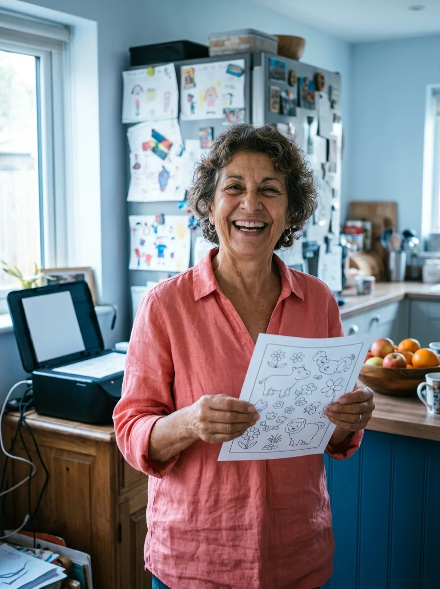 Mme Lopez, sexagénaire au phénotype hispano-méditerranéen, debout dans la cuisine familiale avec une feuille de coloriage imprimée.