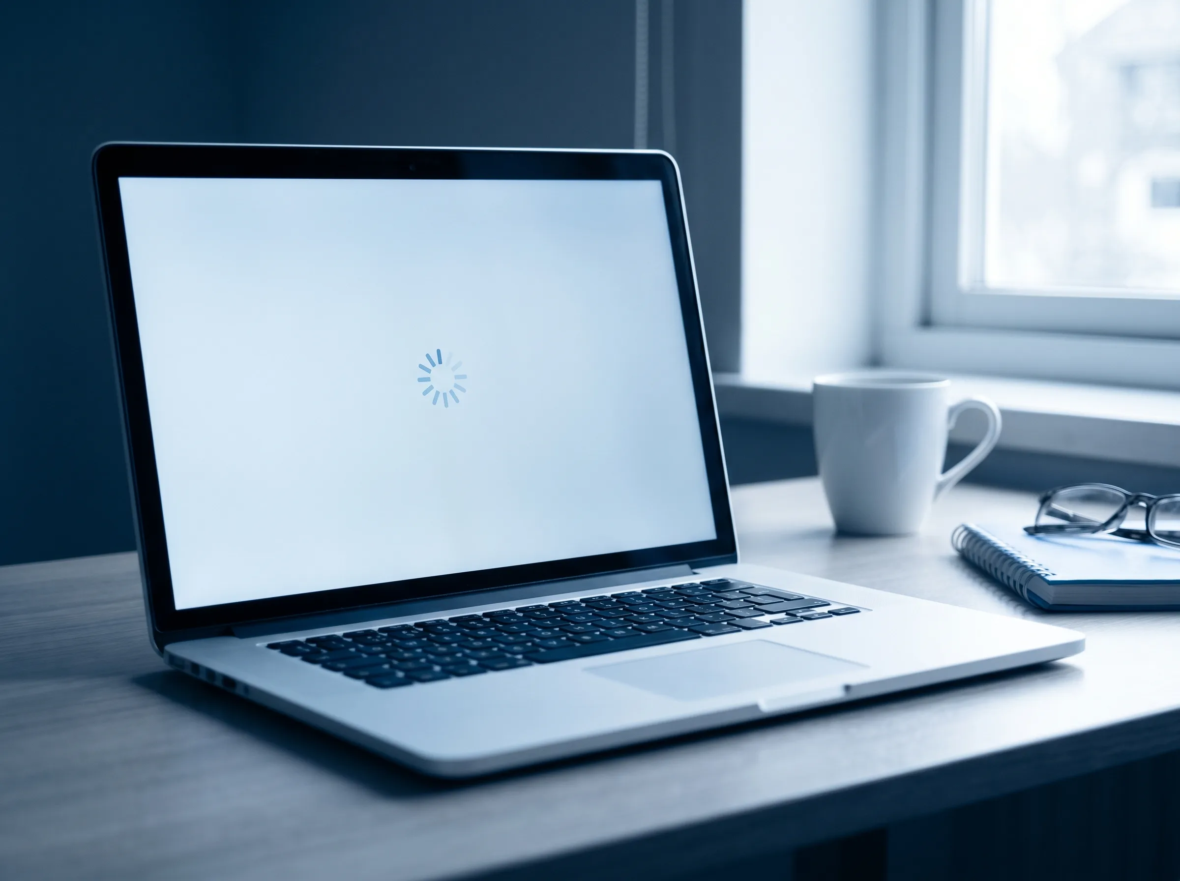 Ordinateur portable affichant une roue de chargement, photographié sur un bureau de télétravail dans une lumière douce bleutée