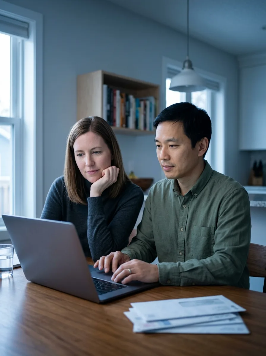 Sylvie et Yan, couple au phénotype mixte européen et asiatique, assis à leur table de salle à manger consultant ensemble leur ordinateur familial.
