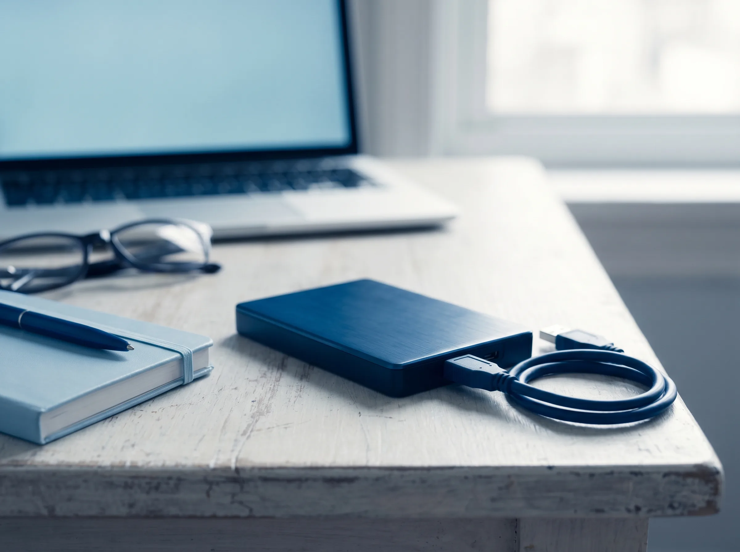 Disque dur externe ouvert sur un bureau, diagnostic en cours, ambiance bleutée professionnelle