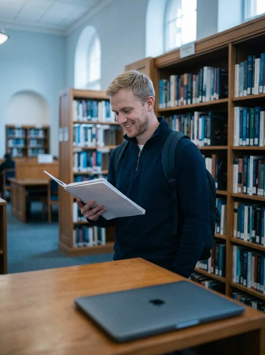 Olivier, jeune étudiant au phénotype européen, debout dans une bibliothèque universitaire avec ses notes.