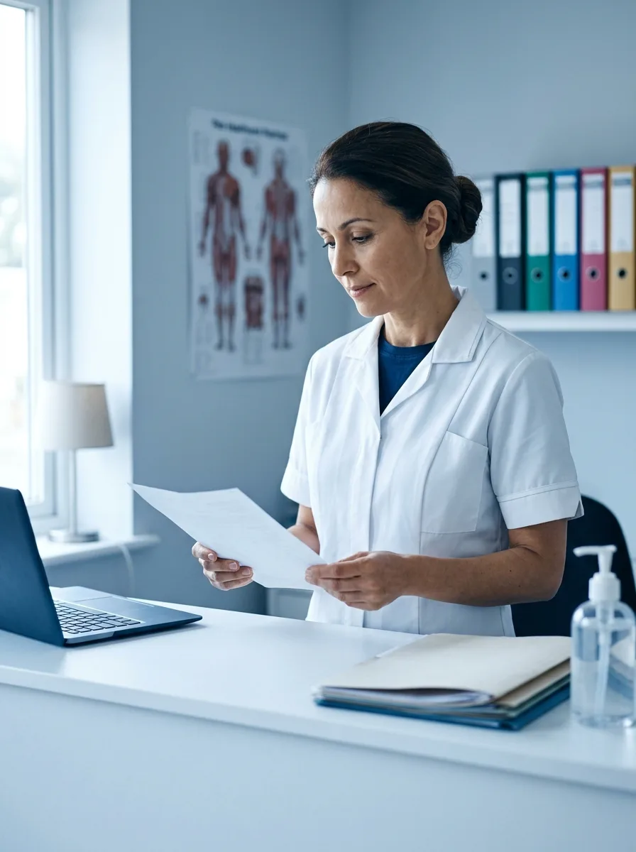 Nadia, quadragénaire au phénotype maghrébin, en blouse infirmière dans son cabinet libéral.