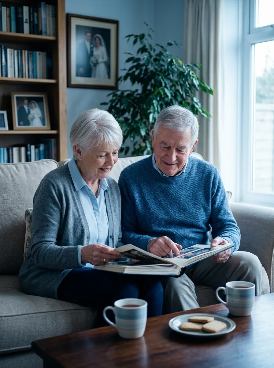 Patrick et Monique, septuagénaires au phénotype européen, assis côte-à-côte dans leur salon devant un album de photos.