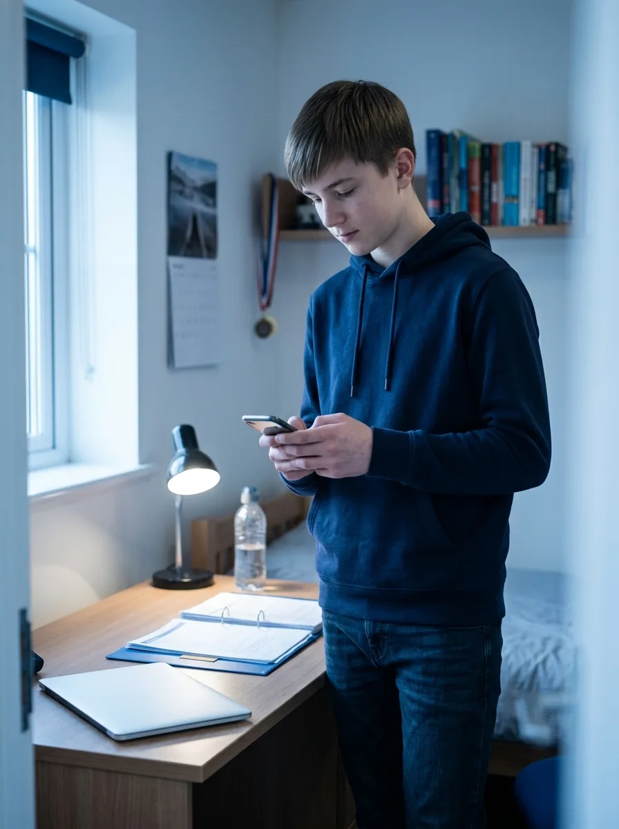 Théo, lycéen au phénotype européen, debout dans sa chambre d'étudiant face à son bureau avec ses cours.