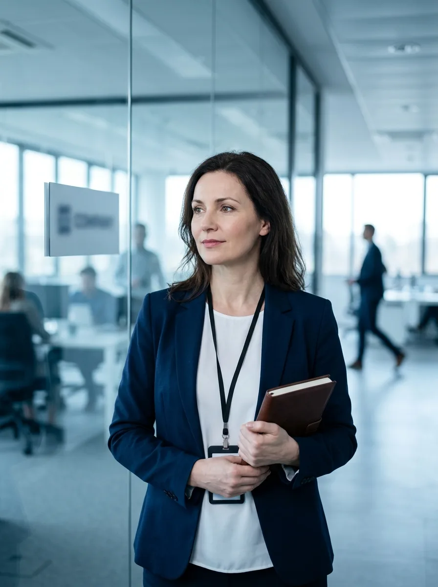 Inès, quadragénaire au phénotype européen, debout dans un couloir de bureau professionnel avec son badge.