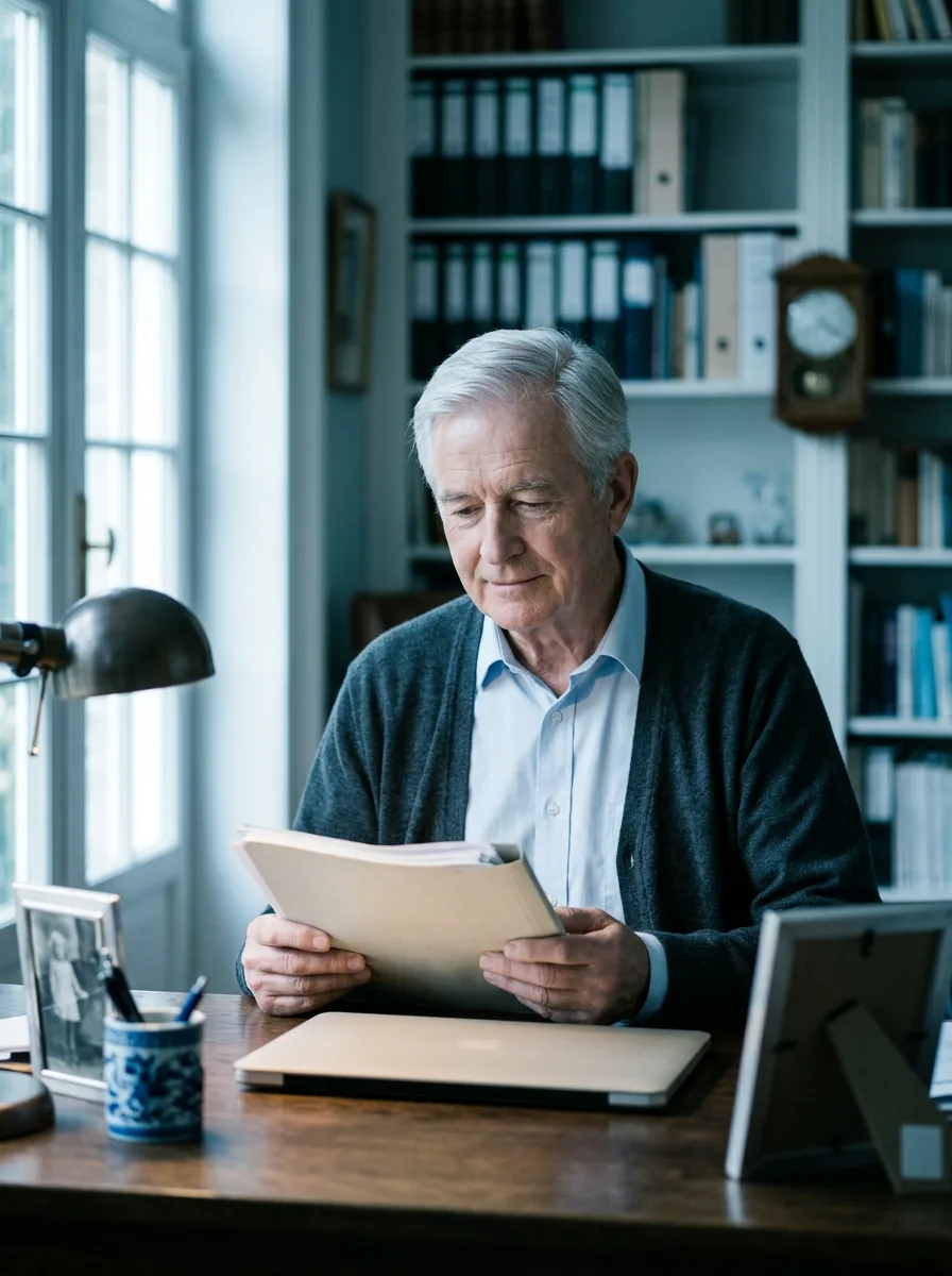 M. Lambert, septuagénaire au phénotype européen, assis au bureau de son défunt parent en train de classer des dossiers papier.
