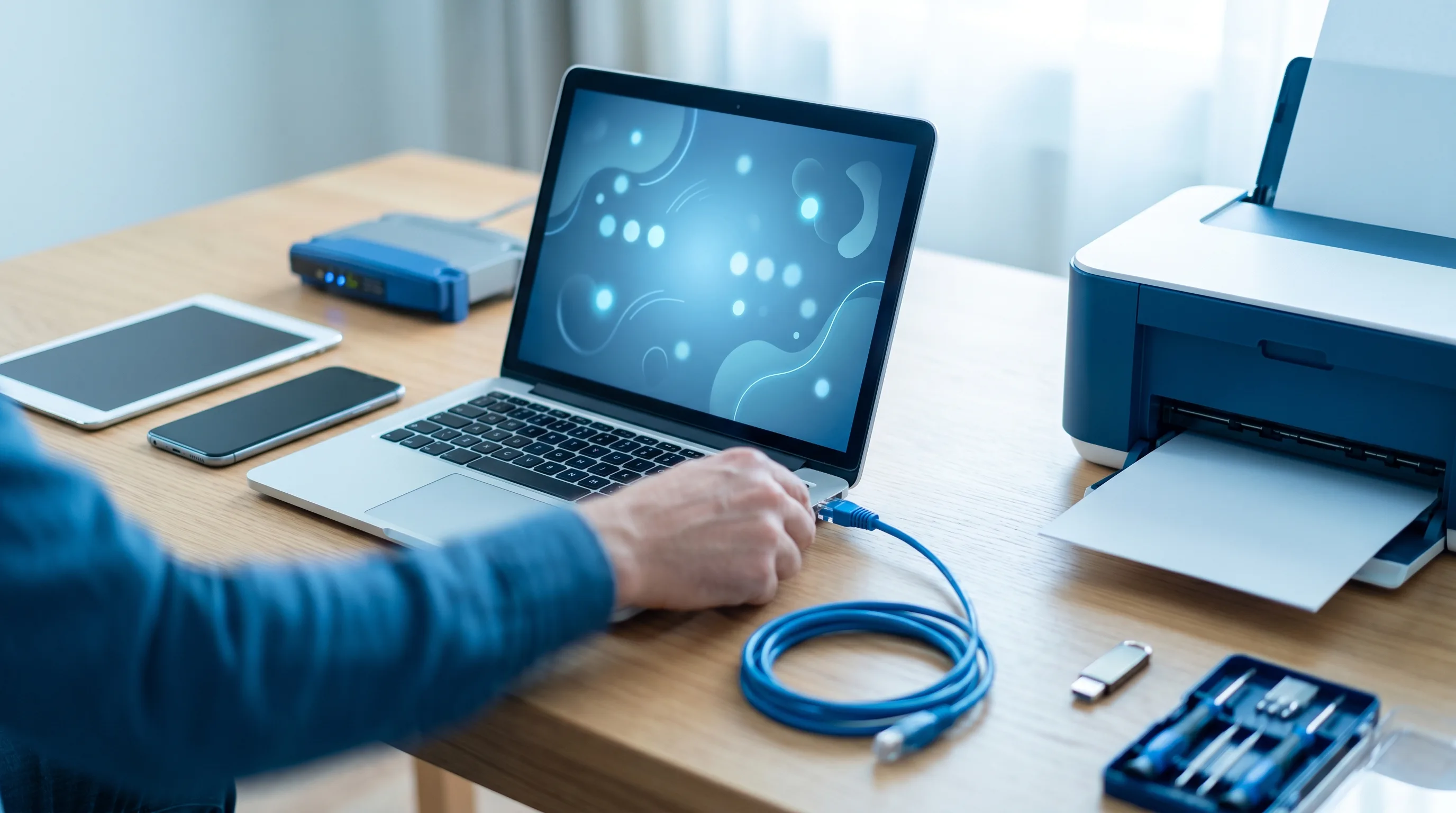 Bureau à domicile avec ordinateur actif, smartphone, tablette, box WiFi, imprimante, câble et outils pour différents services informatiques.
