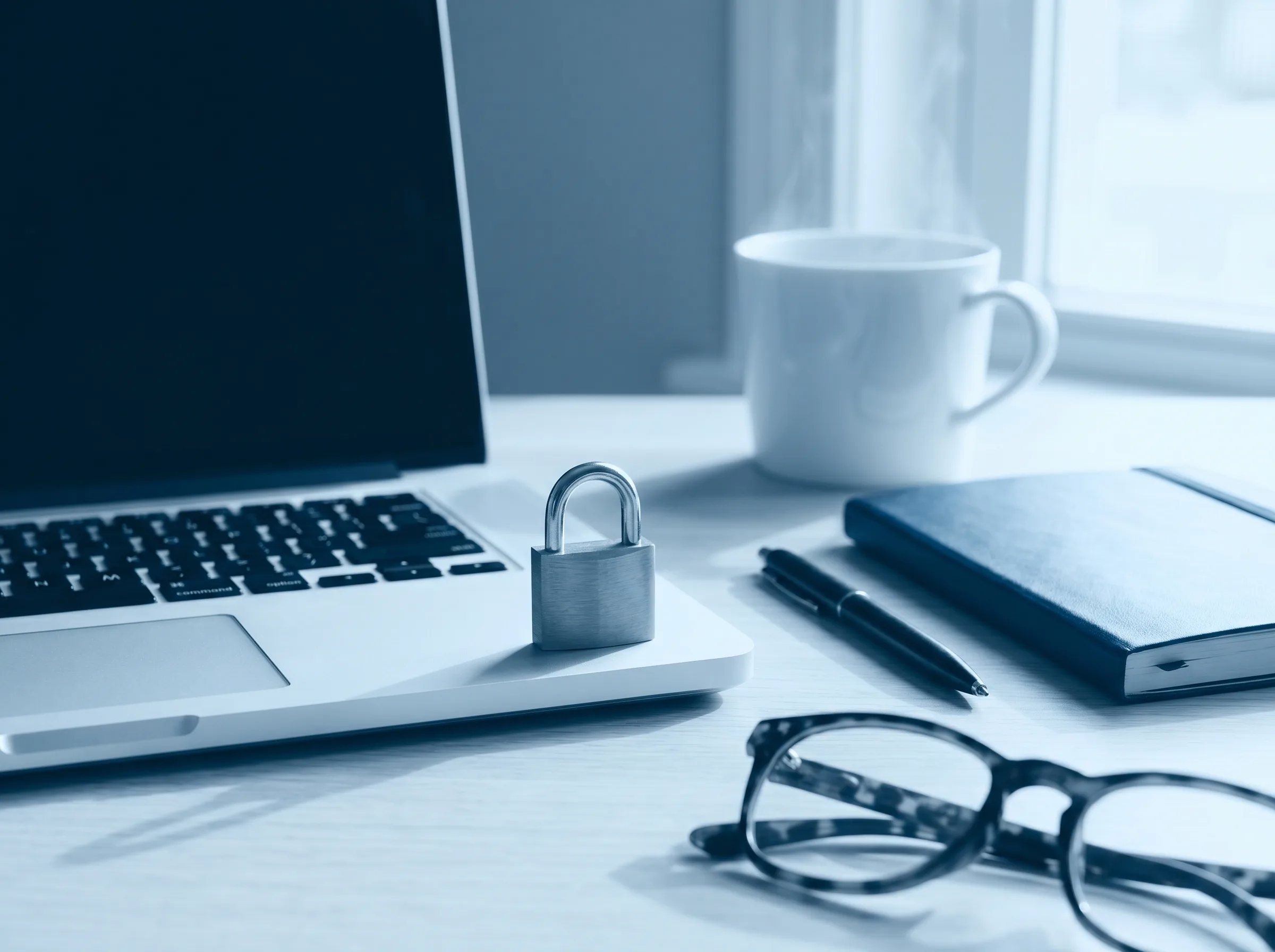 Cadenas fermé posé près d'un ordinateur portable sur un bureau, ambiance bleutée sécurisante