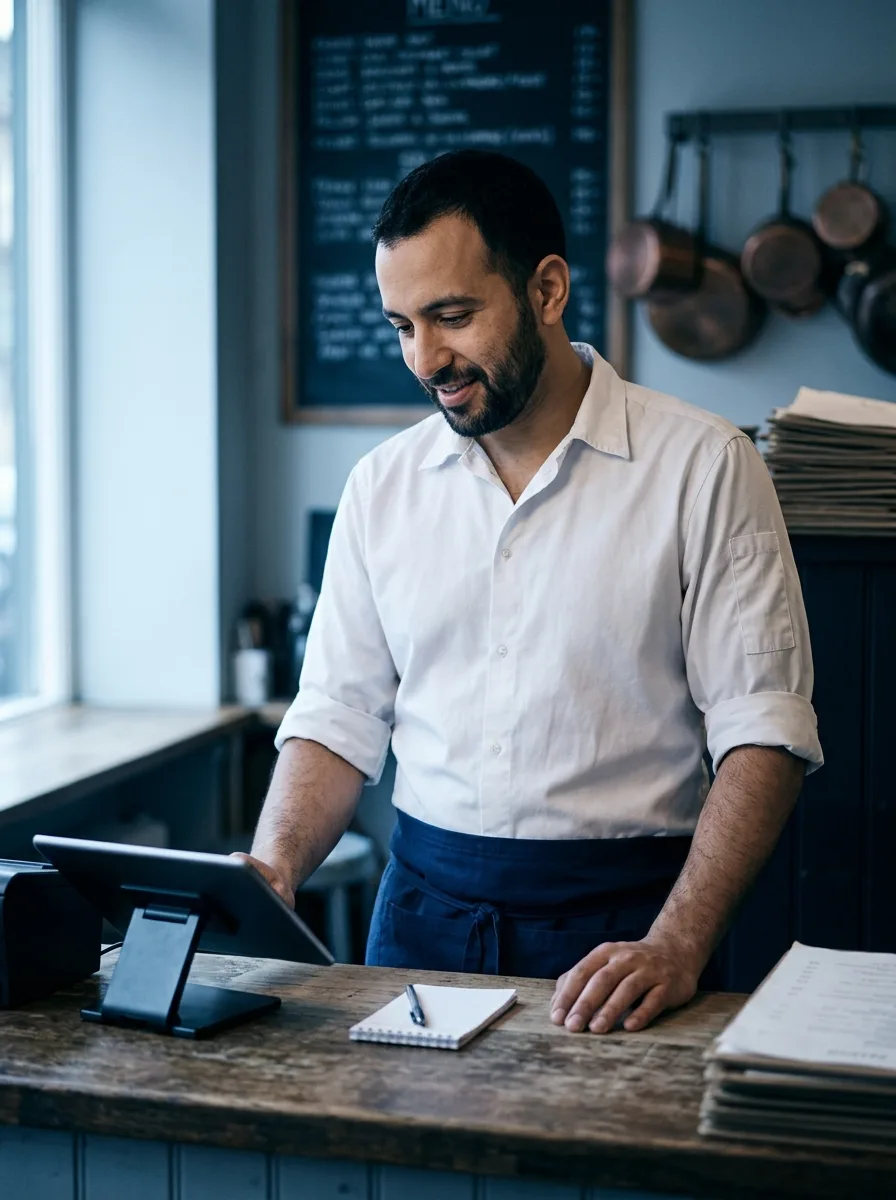 Karim, trentenaire au phénotype maghrébin, debout derrière le comptoir de son petit restaurant.