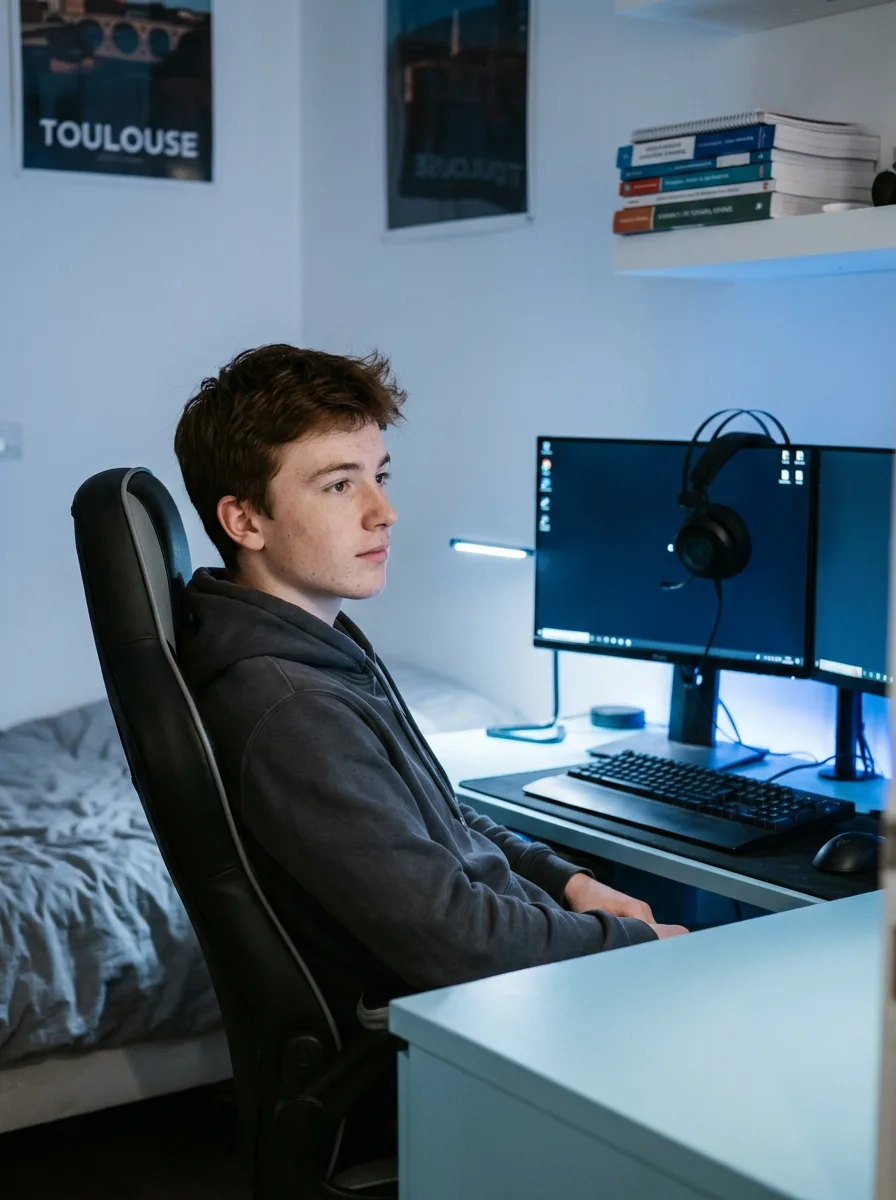 Lucas, jeune étudiant au phénotype européen, dans sa chambre étudiante face à son setup gaming.